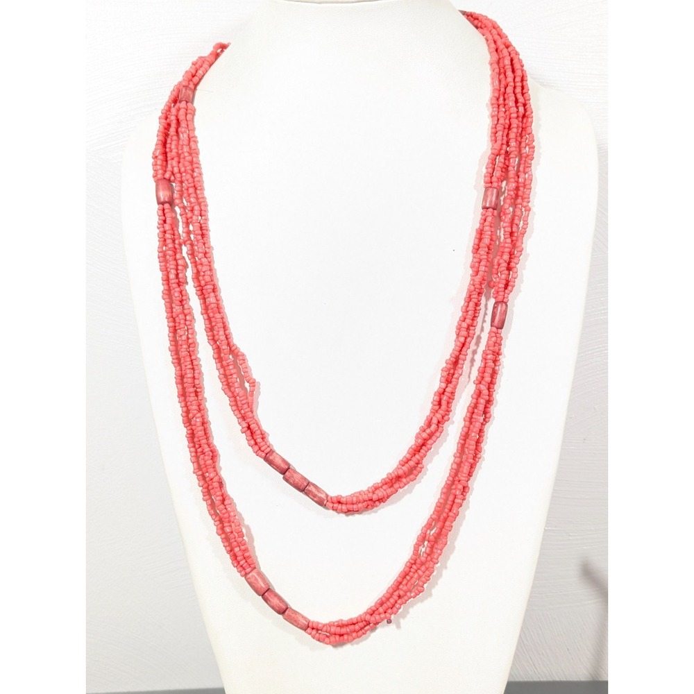 Beachy Boho Pink Glass Bead Multi Strand Very Long Necklace‎ 62 in